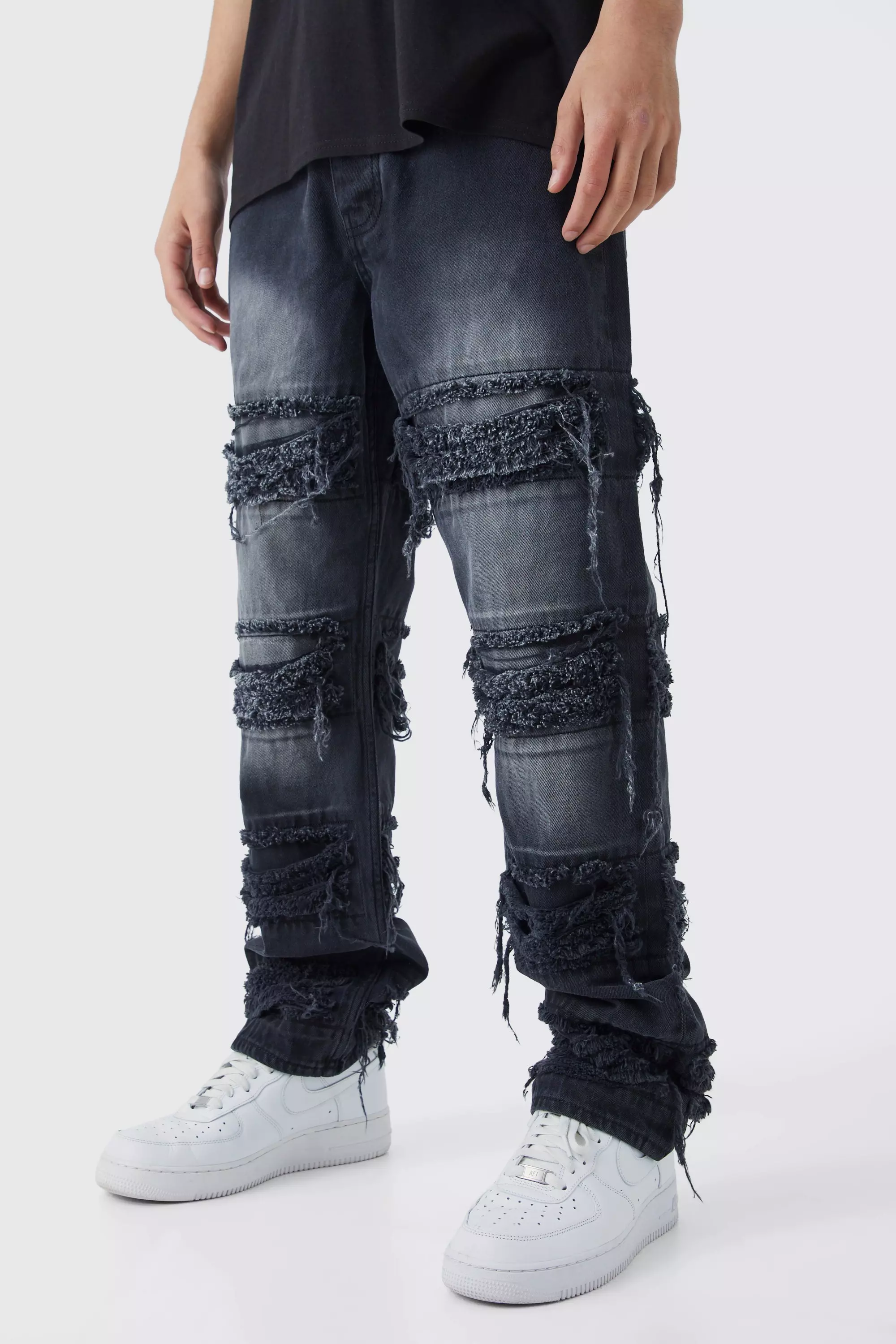 Relaxed Fit All Over Frayed Panel Jeans boohooMAN UK